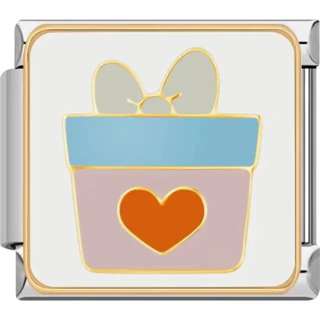 Pink and blue gift box with an orange heart and gold bow Italian charm bracelet link