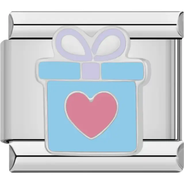 Blue gift box with a pink heart in the center and a purple ribbon on top Italian charm bracelet link