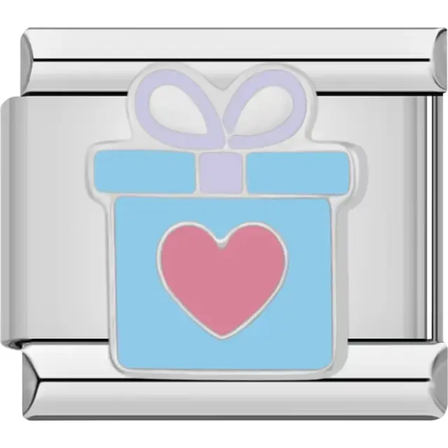 Blue gift box with a pink heart in the center and a purple ribbon on top Italian charm bracelet link