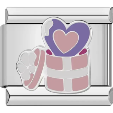 Pink and purple gift box with hearts and floral lid detail Italian charm bracelet link