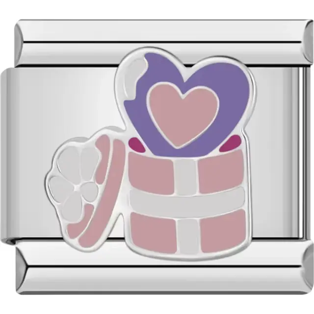 Pink and purple gift box with hearts and floral lid detail Italian charm bracelet link