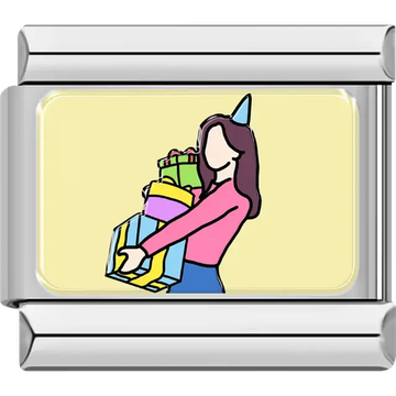 Woman in a party hat holding a stack of colorful presents on a yellow background Italian charm bracelet link