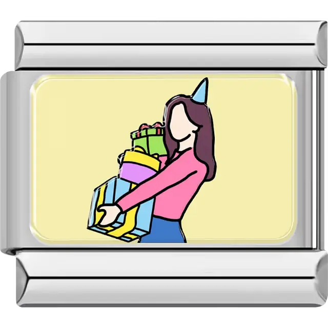 Woman in a party hat holding a stack of colorful presents on a yellow background Italian charm bracelet link