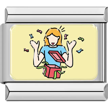 Woman excitedly opening a colorful gift box with confetti on a yellow background Italian charm bracelet link