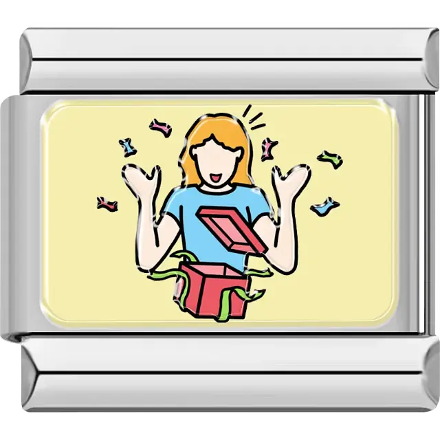Woman excitedly opening a colorful gift box with confetti on a yellow background Italian charm bracelet link