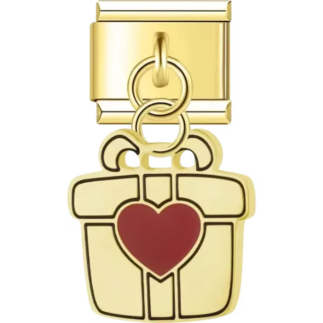 White gift box with red heart detail dangle Italian charm bracelet link