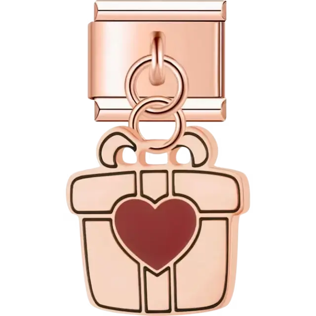 White gift box with red heart detail dangle Italian charm bracelet link