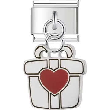 White gift box with red heart detail dangle Italian charm bracelet link