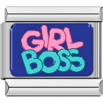 Pink and teal words "Girl Boss" on blue background Italian charm bracelet link