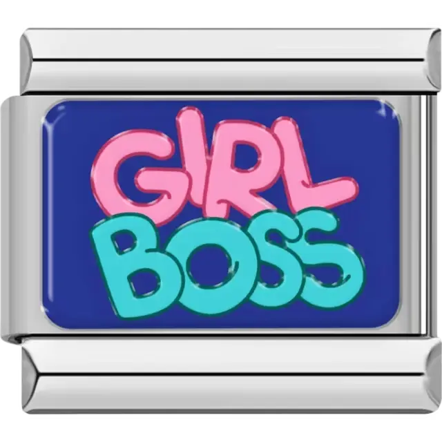 Pink and teal words "Girl Boss" on blue background Italian charm bracelet link