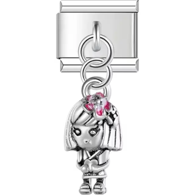 Girl-shaped dangle with pink floral hair accessory Italian charm bracelet link