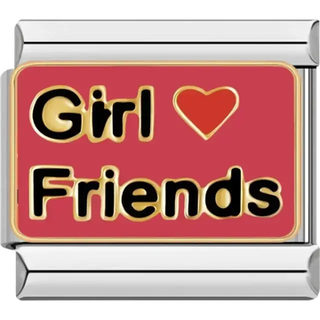“Girl Friends” text with a red heart on an Italian charm bracelet link