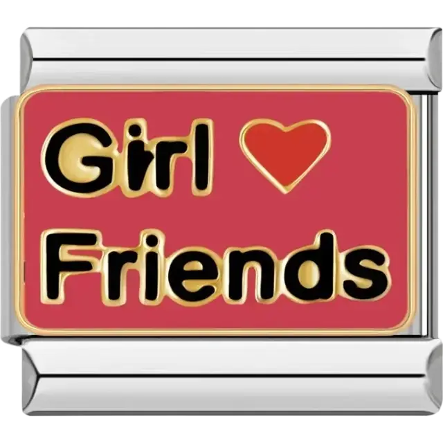“Girl Friends” text with a red heart on an Italian charm bracelet link