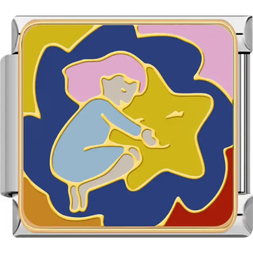 Girl with pink hair hugging yellow star surrounded by blue pink and orange accents Italian charm bracelet link