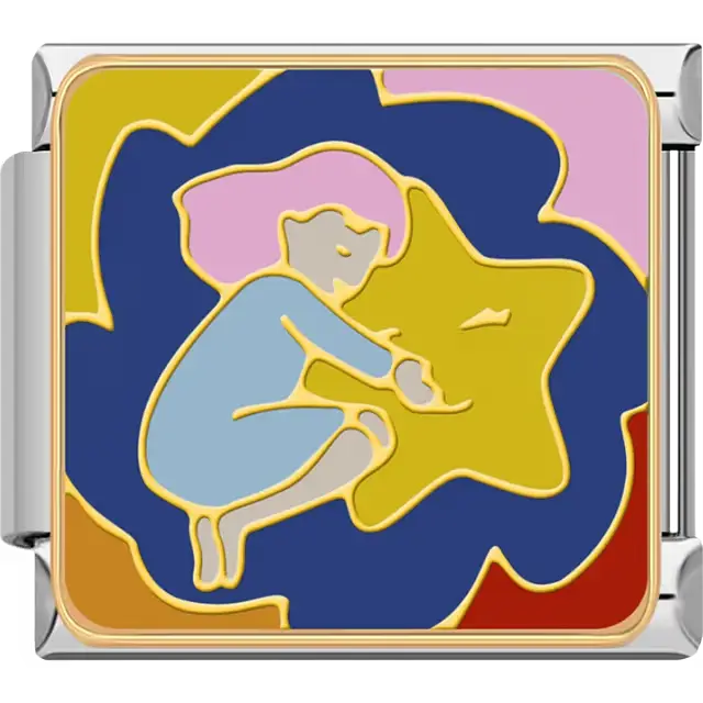 Girl with pink hair hugging yellow star surrounded by blue pink and orange accents Italian charm bracelet link