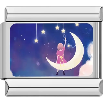 Girl in a pink dress sitting on a crescent moon with hanging stars against a dreamy blue sky Italian charm bracelet link