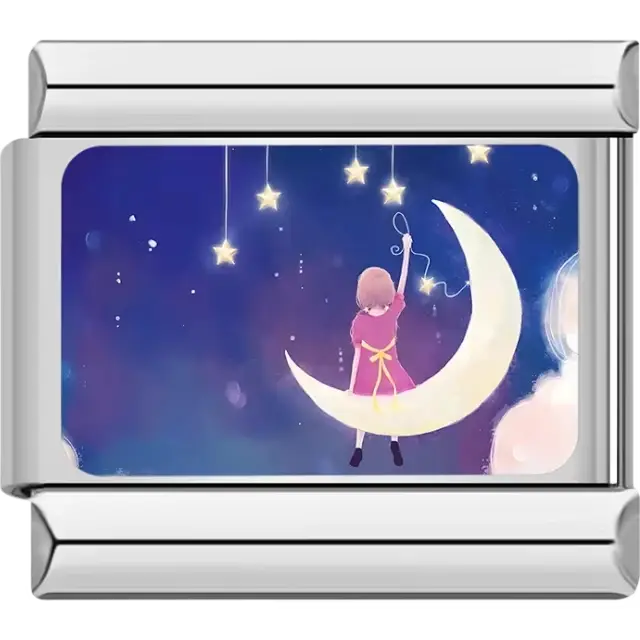 Girl in a pink dress sitting on a crescent moon with hanging stars against a dreamy blue sky Italian charm bracelet link