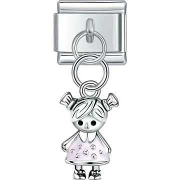 Girl pendant with pigtails and a light pink dotted dress Italian charm bracelet link