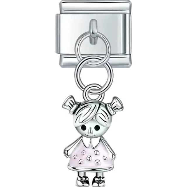 Girl pendant with pigtails and a light pink dotted dress Italian charm bracelet link