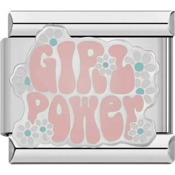Pink "GIRL POWER" text with floral accents on a white background Italian charm bracelet link