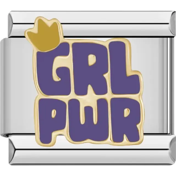"GRL PWR" text in purple with gold crown detail Italian charm bracelet link