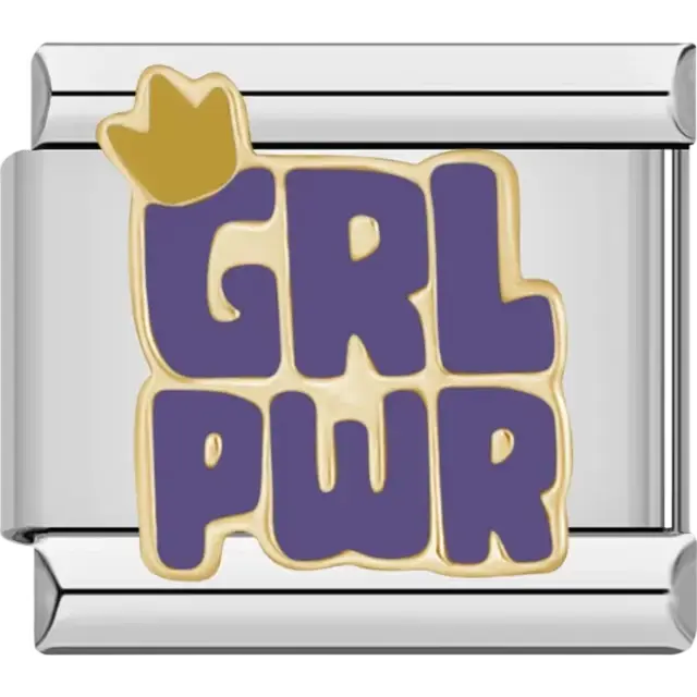 "GRL PWR" text in purple with gold crown detail Italian charm bracelet link