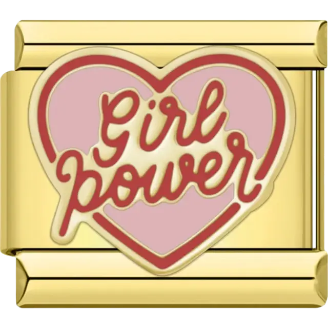 Pink heart charm featuring the words "Girl Power" in bold red script Italian charm bracelet link