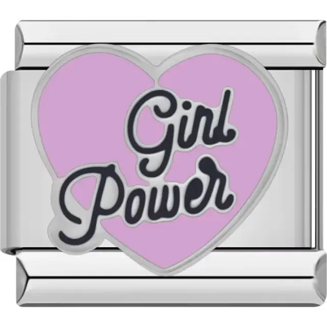 Pink heart with black "Girl Power" text Italian charm bracelet link