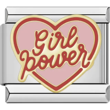 Pink heart charm featuring the words "Girl Power" in bold red script Italian charm bracelet link