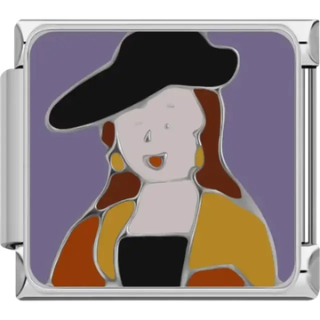 Stylized design inspired by a famous painting featuring a girl in a large black hat with orange and yellow accents on a purple background Italian charm bracelet link