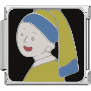 Famous painting featuring a woman in a blue and yellow headscarf on a black background Italian charm bracelet link