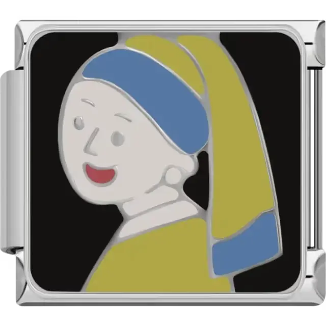 Famous painting featuring a woman in a blue and yellow headscarf on a black background Italian charm bracelet link