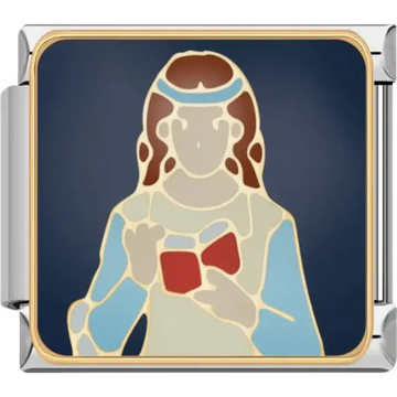 Girl design holding a red book with soft blue and gold details Italian charm bracelet link