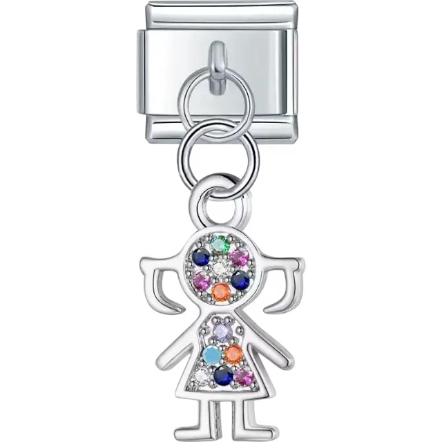 Girl dangle with multicolor crystals Italian charm bracelet link