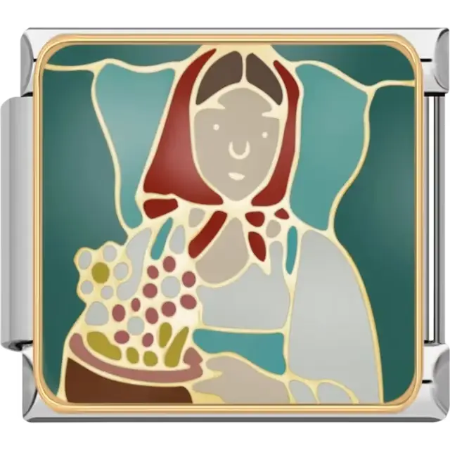 Girl design with red headscarf holding a basket of colorful flowers Italian charm bracelet link