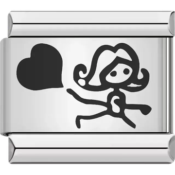 Playful sketch of a girl reaching out toward a heart Italian charm bracelet link