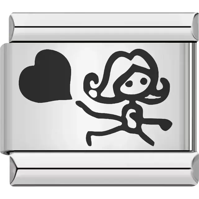 Playful sketch of a girl reaching out toward a heart Italian charm bracelet link