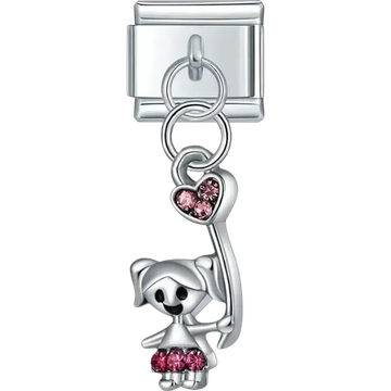 Girl charm with pink crystals in skirt and heart detail Italian charm bracelet link