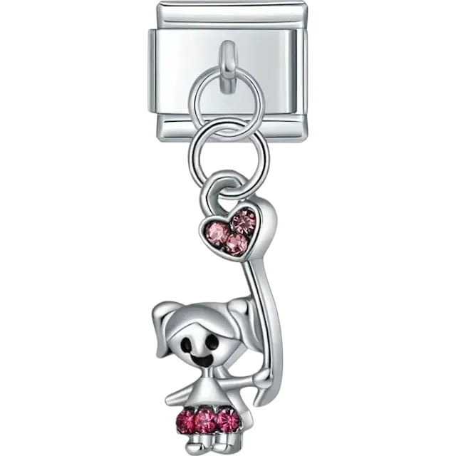 Girl charm with pink crystals in skirt and heart detail Italian charm bracelet link
