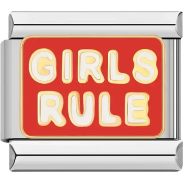 “Girls Rule” text on a red Italian charm bracelet link