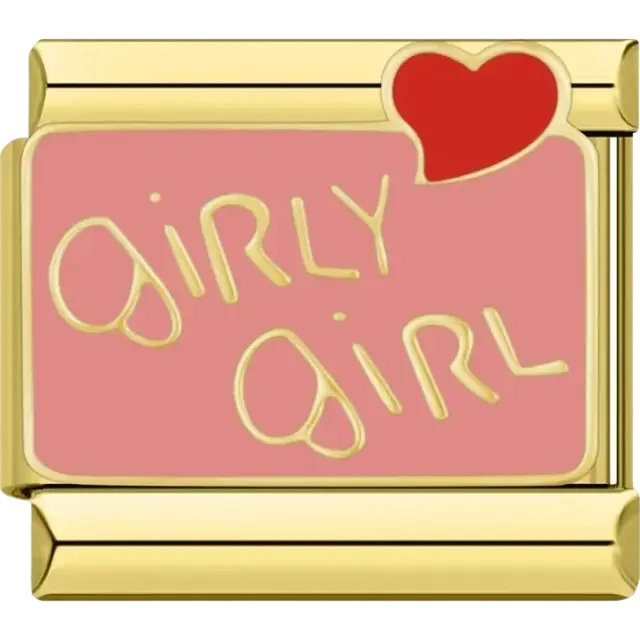 Pink charm with gold-tone text “Girly Girl” and red heart detail Italian charm bracelet link