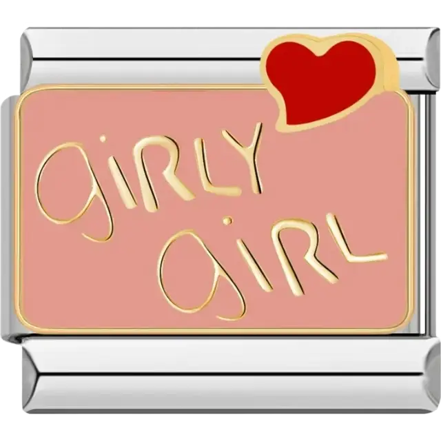 Pink charm with gold-tone text “Girly Girl” and red heart detail Italian charm bracelet link
