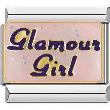 Gold-outlined "Glamour Girl" text in purple on a pink glitter background Italian charm bracelet link