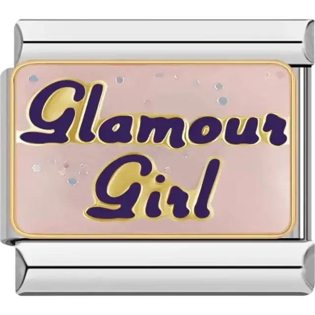 Gold-outlined "Glamour Girl" text in purple on a pink glitter background Italian charm bracelet link