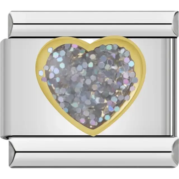 Heart-shaped design with sparkling silver glitter Italian charm bracelet link