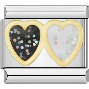 Two glitter-filled hearts in black and white Italian charm bracelet link
