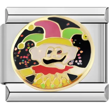 Jester face with red yellow and green hat and glitter accents Italian charm bracelet link