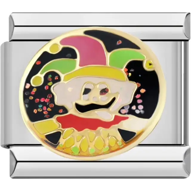 Jester face with red yellow and green hat and glitter accents Italian charm bracelet link