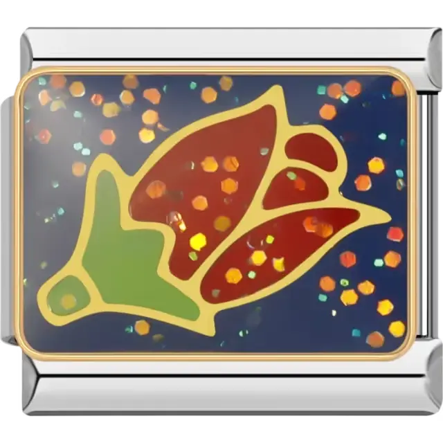 Gold-outlined red rose with green leaves on a blue glittery background Italian charm bracelet link