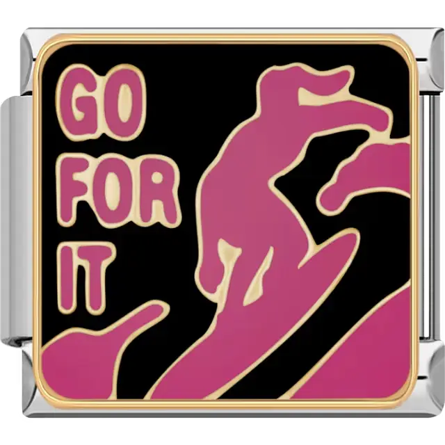 Pink "GO FOR IT" text with snowboarder silhouette on black background Italian charm bracelet link